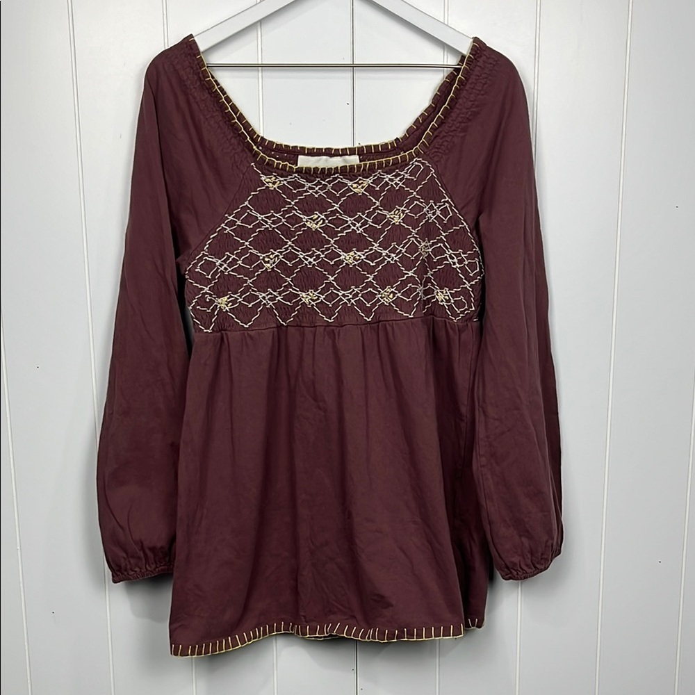 Roaman’s Womens Top M Eggplant/Cream Pullover Smocking Embroidery Square Neck